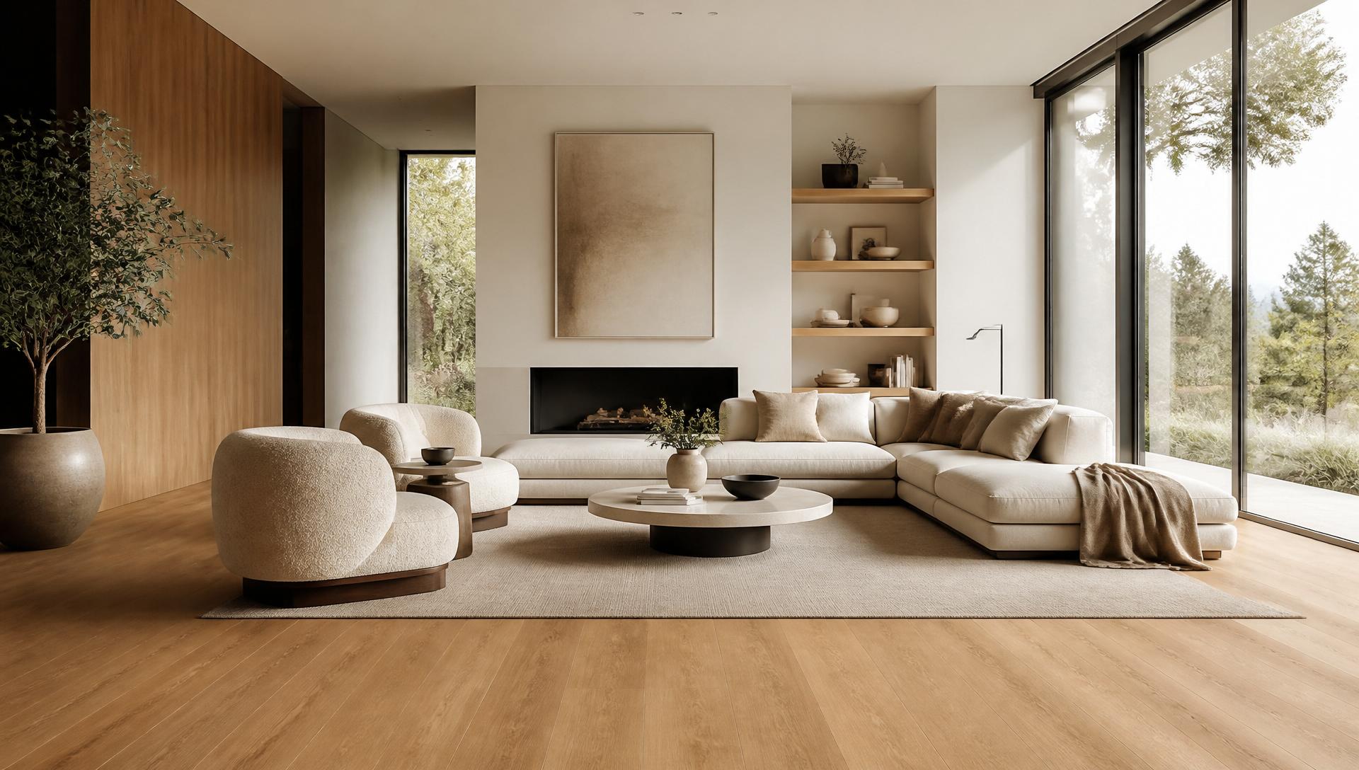 Sala de estar moderna com piso vinílico em tom carvalho claro
